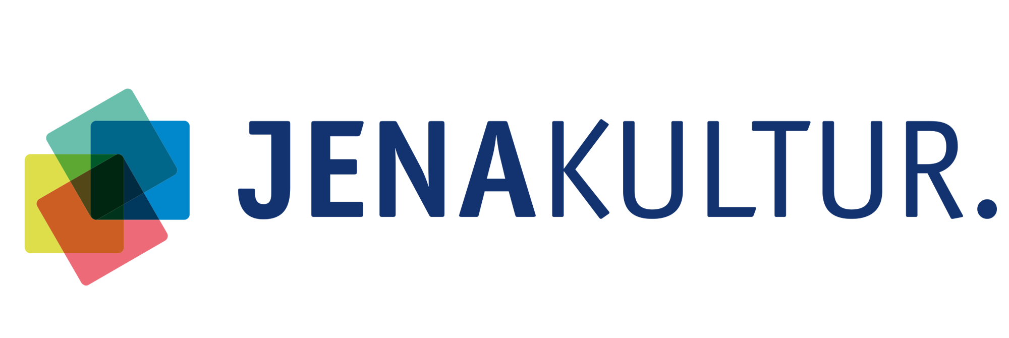 JenaKultur-Logo, blaube Schrift mit 4 bunten Quadraten davor, die sich überlappen