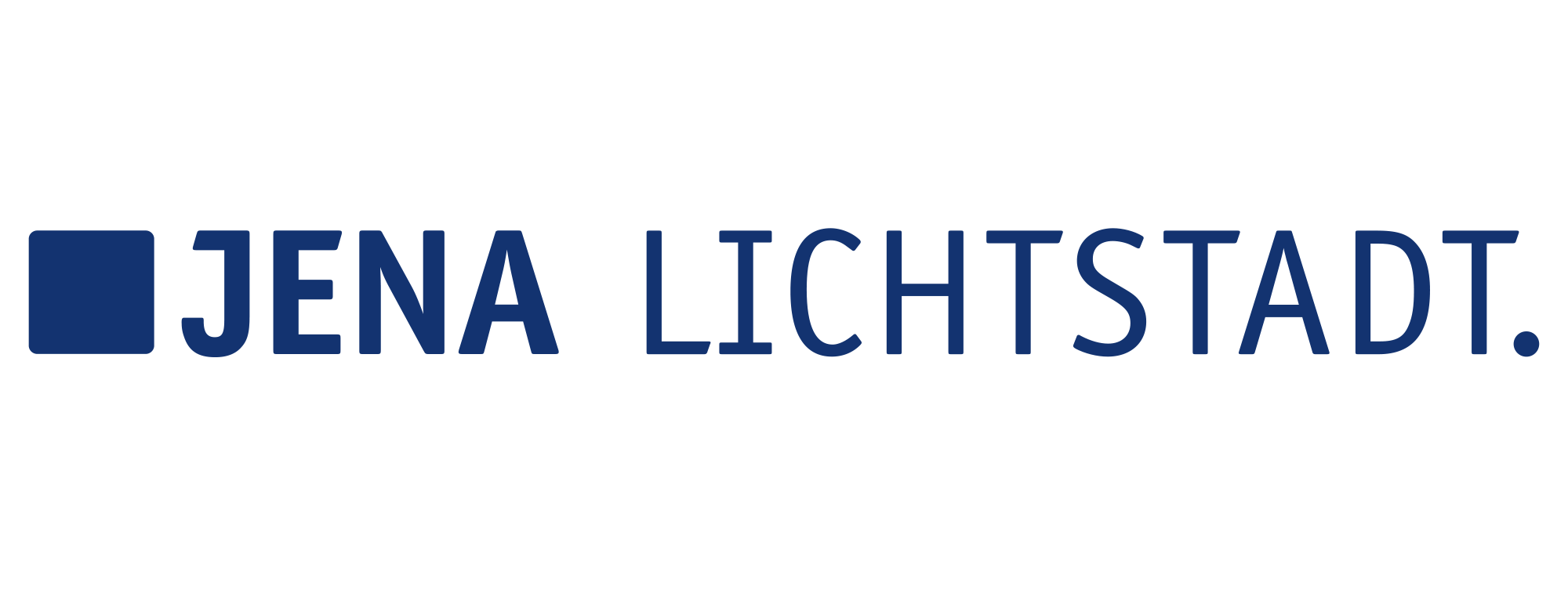 Jena Lichtstadt-Label, blaube Schirft mit einem blauen Quadrat davor