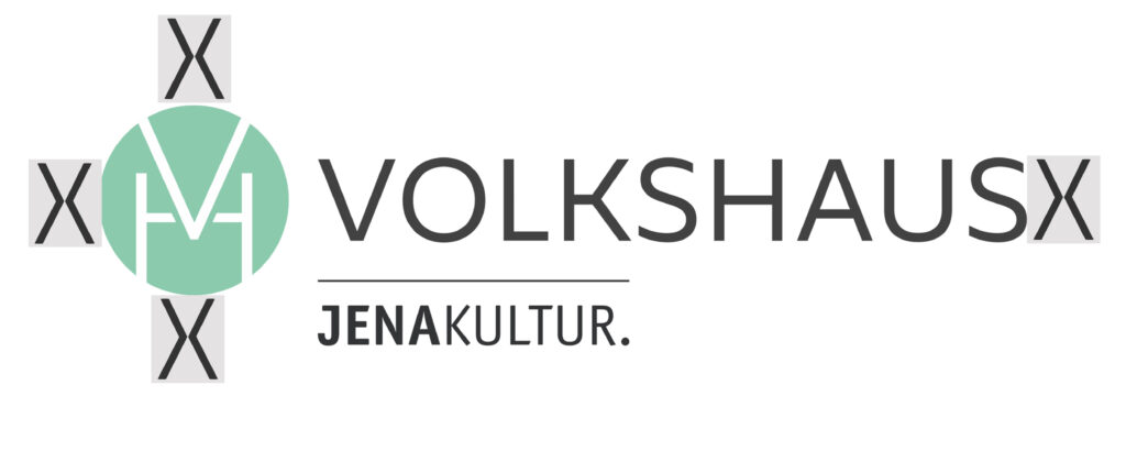 Volkshaus-Logo horizontal mit x-förmigen Markierungen für die Schutzzone