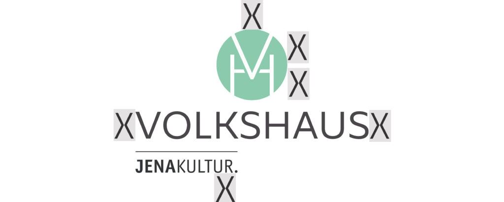 Volkshaus-Logo komparkt mit x-förmigen Markierungen für die Schutzzone