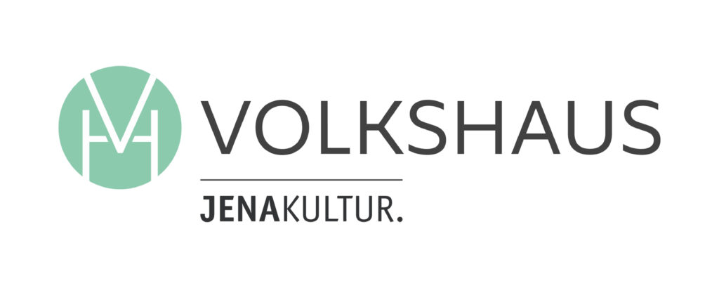 horizontales Volkshaus-Logo mit einem den Initialien der Einrichtung zusammengefassten grünen Emblem