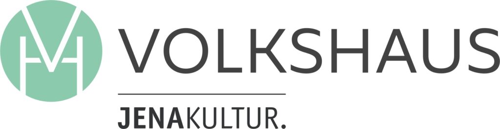 horizontales Volkshaus-Logo mit einem den Initialien der Einrichtung zusammengefassten grünen Emblem