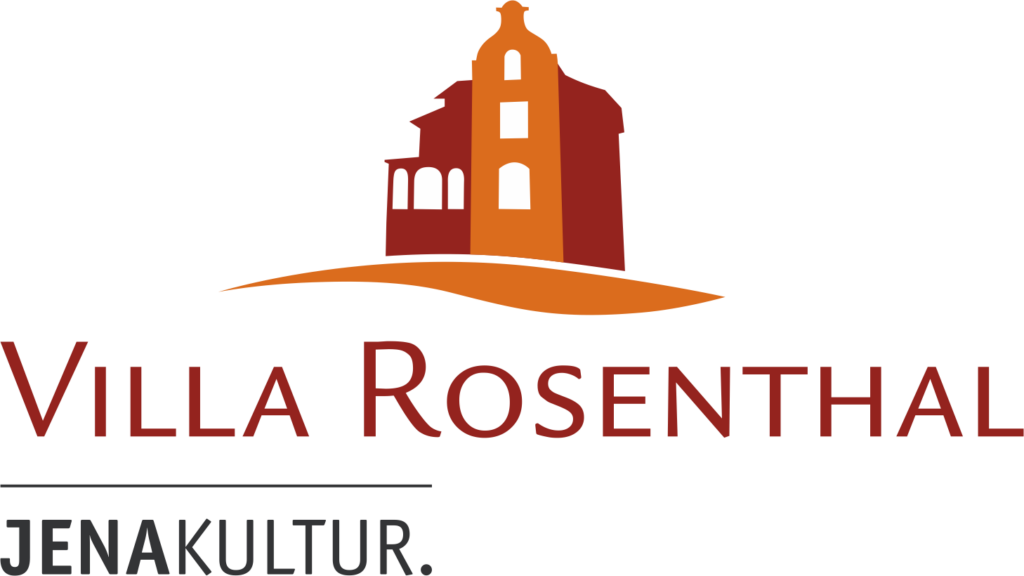 Logo der Villa Rosenthal mit einer Visualisierung der Villa in rot-orange und einer Unterzeile "JENAKULTUR."