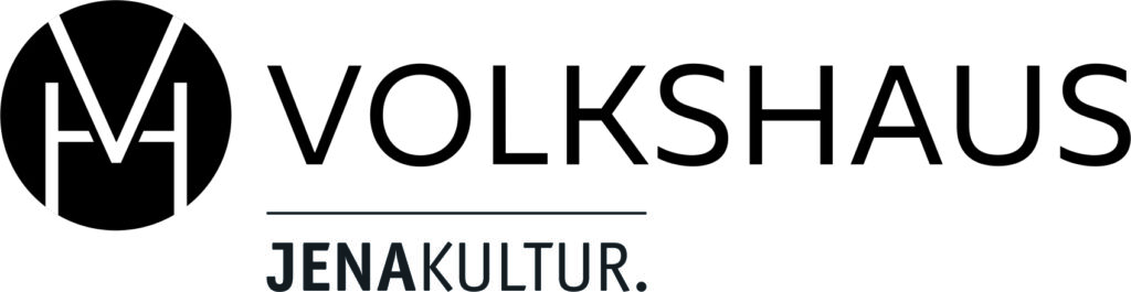 Horizontales schwarz-weißes Volkshaus Logo mit Schriftzug "VOLKSHAUS" und durch einen Trennstrich abgegrenzte Unterzeile "JENAKULTUR."