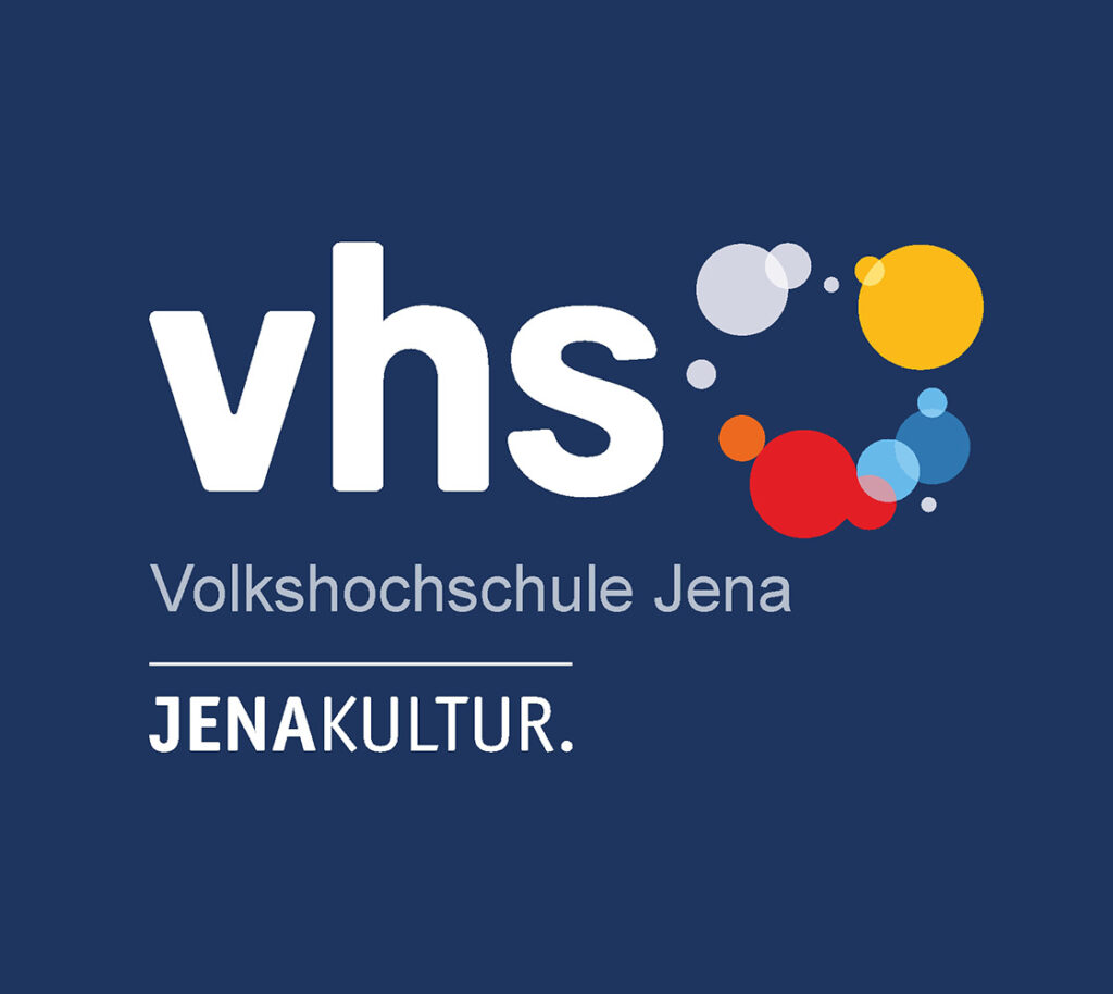vhs-Logo mit Unterzeile JenaKultur auf dunkelblauem Grund