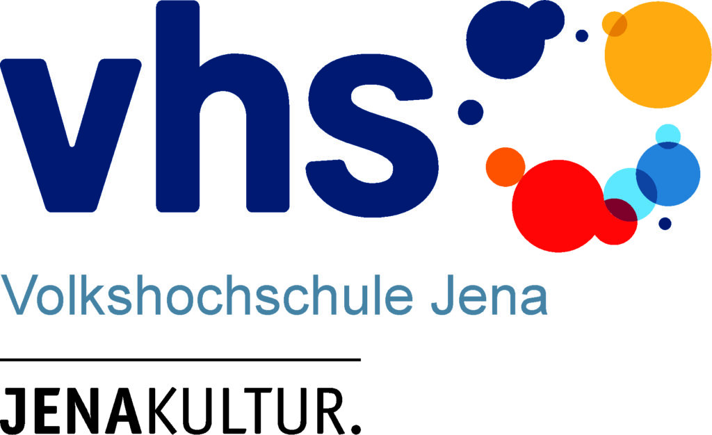 In blau geschriebenes vhs mit bunten Kreisen und unten stehendem Schriftzug "Volkshochschule Jena" und "JenaKultur".