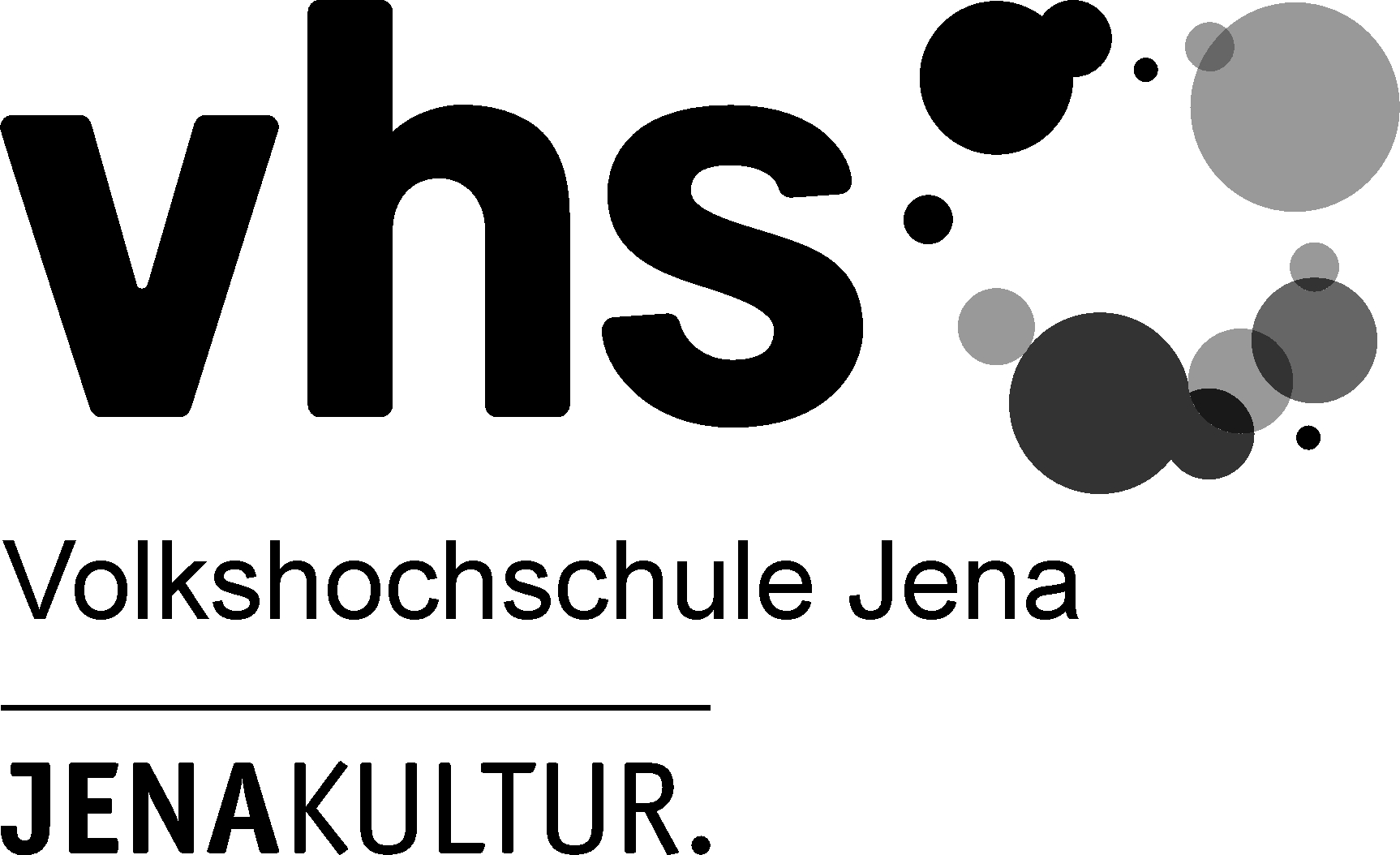 In schwarz geschriebenes vhs mit daneben stehenden Kreisen in Graustufenfärbung. Unten drunter der Schriftzug "Volkshochschule Jena" und "JenaKultur."