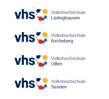 In dunkelblau geschriebenes vhs mit bunten unterschiedlichen Kreisen, rechts daneben der Schriftzug der unterschiedlichen Kreisverbände auf weißem Untergrund.