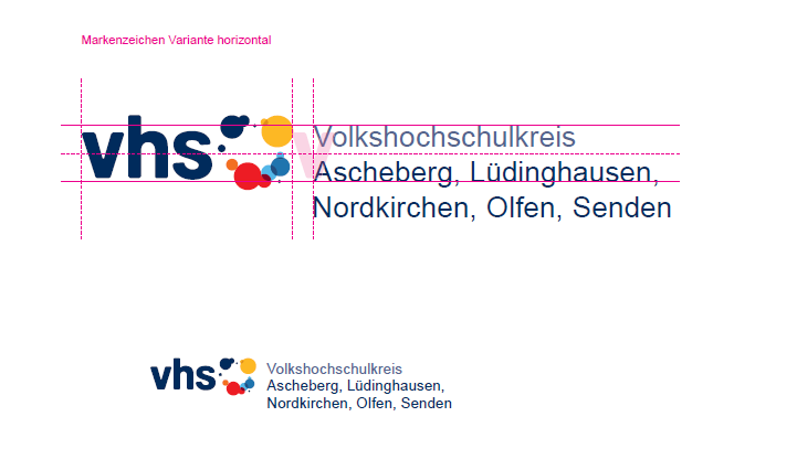 In duneklblau geschriebenes vhs mit bunter Bildmarke in Form von unterschiedlichen Kreisgrößen mit daneben stehendem Schriftzug der Cobranding Firma und pinken Hilfslinien der Anordnung