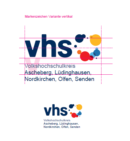 In duneklblau geschriebenes vhs mit bunter Bildmarke in Form von unterschiedlichen Kreisgrößen mit daneben stehendem Schriftzug der Cobranding Firma und pinken Hilfslinien der Anordnung