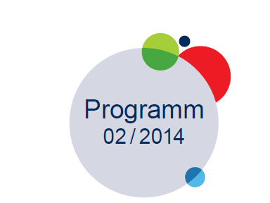 Ein grauer Kreis, in welchem ein beispielhafter Schriftzug "Programm 02/2014" zu lesen ist. Anliegend auf der rechten Seite des Kreises sind bunte kleinere Kreise dargestellt.