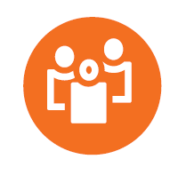 Ein orangener Kreis, in dem weiße Oberkörper von Menschen abgebildet sind. Unter dem Kreis steht der Schriftzug "Gesellschaft"