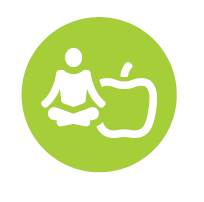 Ein grüner Kreis, in dem eine weiße Figur in Form eines Menschen im Schneidersitz meditiert und ein weißer Apfel abgebildet sind. Unter dem Kreis steht der Schriftzug "Gesundheit"