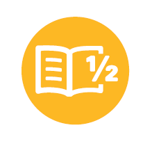 Ein gelber Kreis, in dem eine weißes Leseheft und das Symbol "1/2"abgebildet sind. Unter dem Kreis steht der Schriftzug "Grundbildung"