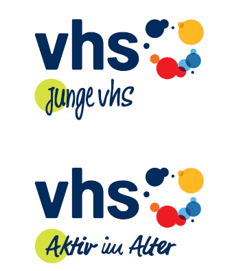 Zwei Beispiele für Piktogramme. In dunkelblau geschriebenes vhs mit bunten unterschiedlichen Kreisgrößen. Unten drunter befindet sich der jeweilige Schriftzusatz für die dazugehörige Zielgruppe.