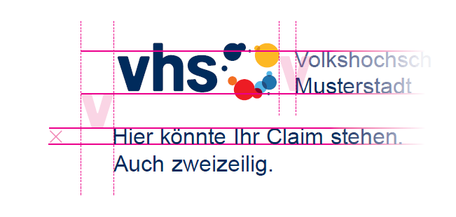 In duneklblau geschriebenes vhs mit bunter Bildmarke in Form von unterschiedlichen Kreisgrößen mit darunter stehendem Schriftzug der Cobranding Firma und pinken Hilfslinien der Anordnung in horizontaler Ausrichtung