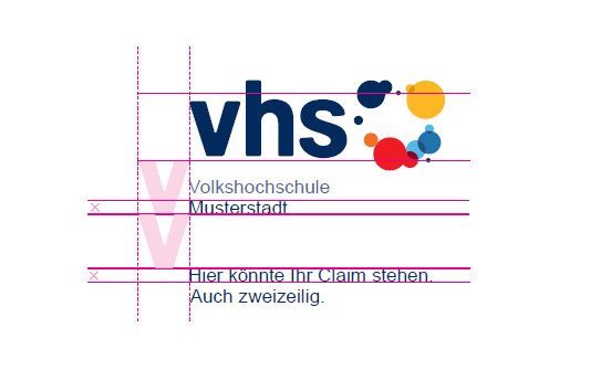 In duneklblau geschriebenes vhs mit bunter Bildmarke in Form von unterschiedlichen Kreisgrößen mit darunter stehendem Schriftzug der Cobranding Firma und pinken Hilfslinien der Anordnung in vertikaler Ausrichtung