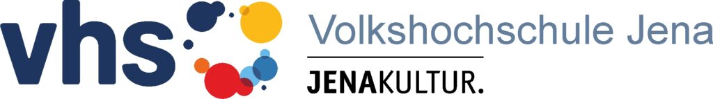vhs-Logo in dunkelblau mit bunten Kreisen an der Seite, daneben der Schriftzug "Volkshochschule Jena" und die Unterzeile "JENAKULTUR."