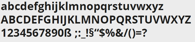 Das ABC und eine Auswahl an Zahlen und Sonderzeichen in der Schriftart Open Sans Bold.