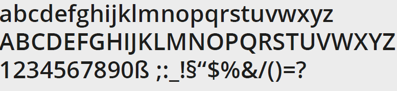 Das ABC und eine Auswahl an Zahlen und Sonderzeichen in der Schriftart Open Sans Semi Bold.