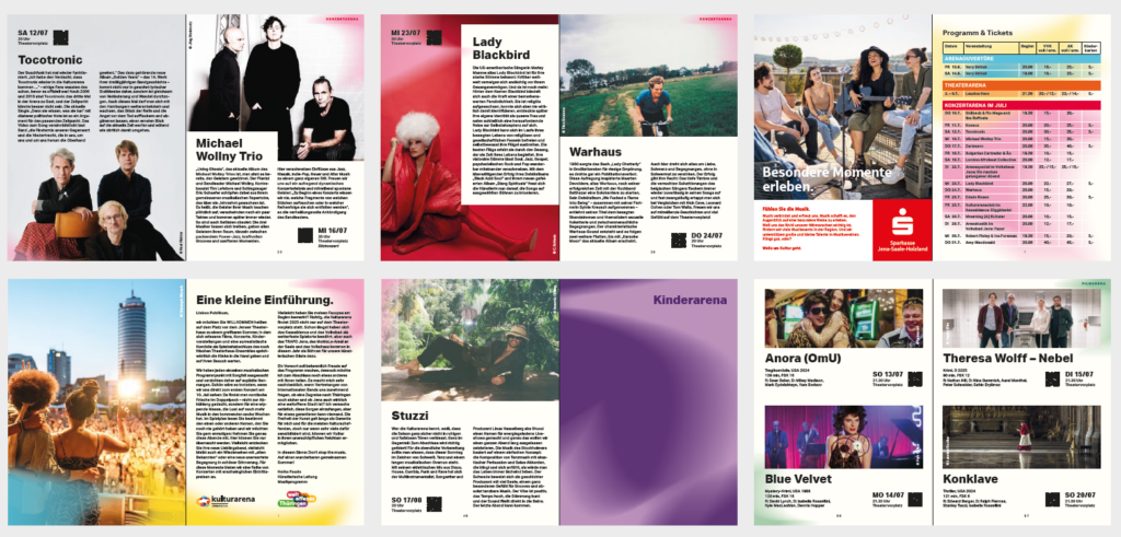 Layout vom Programmheft der Kulturarena aufgeteilt auf mehrere Seiten.